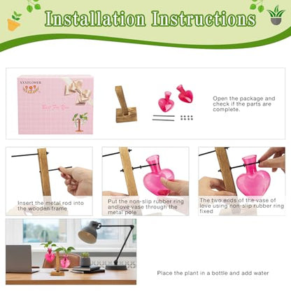 XXXFLOWER Plant Propagation Station Terrarium 2 Pink Heart Shaped Vase | Terrarium Kit Bulb Glass Metal Desk Plant Holder, Retro Air Plants Water Plants, Home Office Decoration - color: Pink