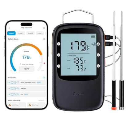 Govee Bluetooth Meat Thermometer Digital with Smart App Timer and Alerts | 2 Probes, 230ft Bluetooth Range, Smart LCD Backlight, Free Data Storage, Grill Thermometer for Cooking Turkey, Beef, Fish