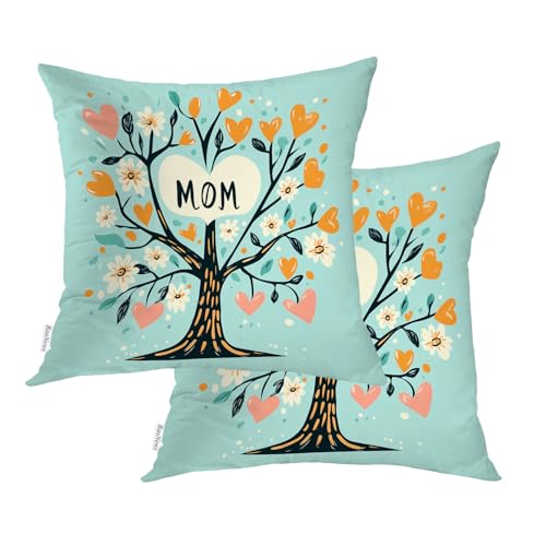 Tree with Mom in Heart Throw Pillow Covers, Hearts and Flowers Cushion Cases Digital Blended Hidden Zipperl Decorative Pillow Covers Square 16X16 in 2 Pcs - color: Blue Tree Mom01 Blue, size: 16" x 16" (Pack of 2)