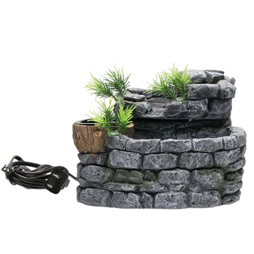 Reptile Water Fountain with Food Dish, 500ML Terrarium Waterfall Drinking Fountain Reptile Water Dispenser, Natural Resin,for Bearded Dragon Gecko Chameleon Lizard Tree Frog Turtle