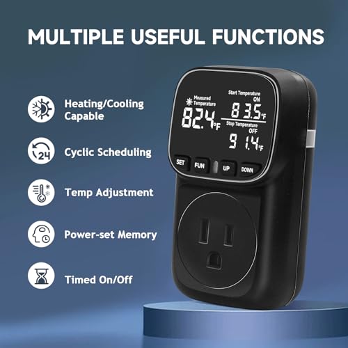 Temperature Controlled Outlet , 15A/1800W Digital Thermostat Outlet, Cyclic Timing/Countdown, -40℉~210℉ VA Display Heating Cooling Control Timer with 2Pcs Probe Cable for Reptile Incubator - color: Black