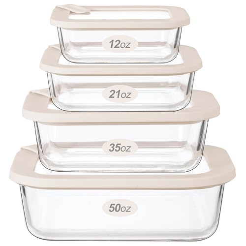 Glass Food Storage Containers with Glass Lids, Microwave Safe Food Container Set, Aitight Meal Prep Container Set, LeakProof, 100% Plastic Free, 4 Pack - color: ‎Ivory White -4p