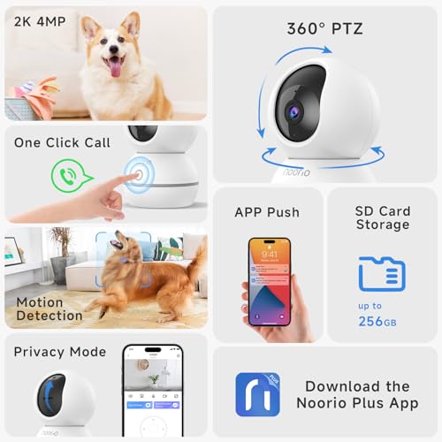 Noorio Security Camera Indoor, 4MP UHD Pet/Dog Camera 360-Degree for Home Security, One-Touch Call, Auto Motion Tracking, Night Vision, 2.4G Only - color: Beige, size: 1 Pack