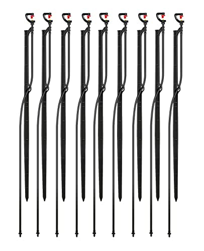 Drip Irrigation Micro Spray Emitter on 20 inch Stake with 1/4" Tubing and Barbed Coupler 180° Half Circle Pattern, 8.5’ Spraying Distance - size: 9 Sets 180° Micro Spray Emitters