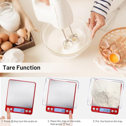 Fuzion Small Gram Scale 3000g, Digital Kitchen Food Scale, Gram and Ounce | 0.1g Accuracy, 6 Modes, 2 Trays Included, Tare Function, Piece Counting, For Food, Coffee, Cooking, Herb, Reptiles, Coins - color: Red