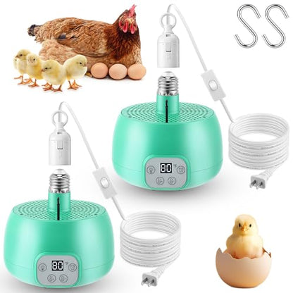 Enhon 2 Sets Chicken Coop Heater, Timing Heat Lamp for Chickens, Smart Temperature Control Chicken Brooder Heater Greenhouse Warmer, 5 Ft Ultra Long Cable Reptile Heating Lamp for Chicks Duck Dog Cat