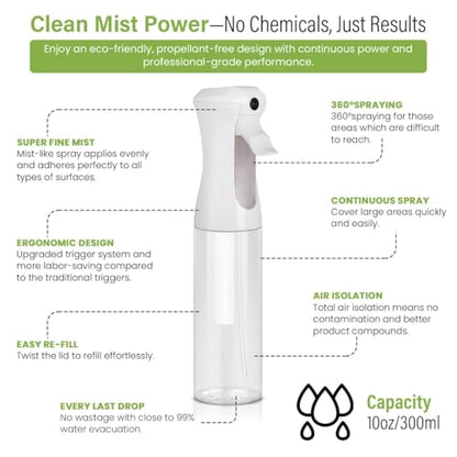 VIGOR PATH Continuous Spray Bottle for Hair – Fine Mist Mister for Hairstyling, Cleaning, Plants, Pets, Barbers, Salons, and Essential Oil Applications (300ml/10 oz) Clear 2 Pack - size: 10 oz - Clear - 2 Pack