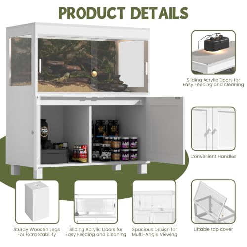 Large Reptile Tank 60 Gallon with Cabinet – Bearded Dragon Tank with Sliding Door Handle, Wheels & Metal Mesh Roof for Lizards and Geckos