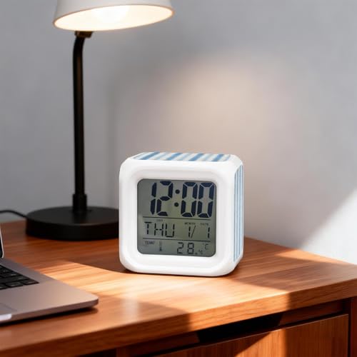 Abstract Blue Stripes Alarm Clock, Rustic Watercolor Denim Striped Classic Digital Clock Night Light with 7 Color, Calendar Temperature Display, NightLight Clock for Bedroom, 3.2x3.2in - color: Blue, Navy, White
