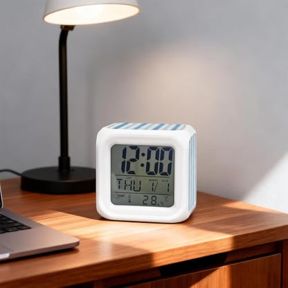 Abstract Blue Stripes Alarm Clock, Rustic Watercolor Denim Striped Classic Digital Clock Night Light with 7 Color, Calendar Temperature Display, NightLight Clock for Bedroom, 3.2x3.2in - color: Blue, Navy, White