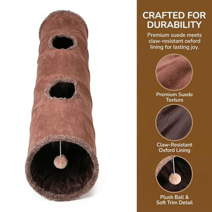 51"x 12" Collasiple Cat Play Tunnel, Cats Tubes and Tunnels, Cat Foldable Hide and Seek Tunnel Toy, Brown Suede Pet Tube Toy for Rabbits, Ferrets, Puppy, Diameter 12 Inch