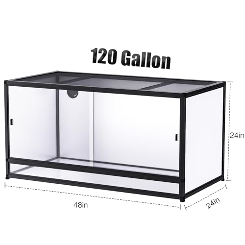 120 Gallon PVC Reptile Enclosure 48"x24"x24" – Large Reptile Tank with Front Sliding Glass Doors & Lock, for Bearded Dragon, Ball Python, Snake - color: Black Frame / White PVC-120 Gallon