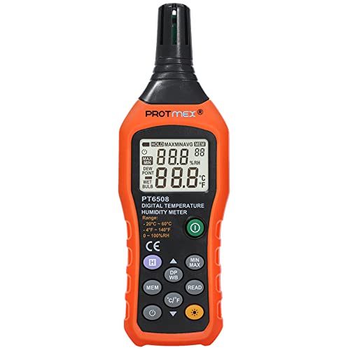 PT6508 Temperature Humidity Meter - Wet Bulb for Indoor/Outdoor | Digital Thermometer Hygrometer Monitor with Ambient, Dew Point, MIN, MAX, Data Hold, LCD Backlight - size: PT6508