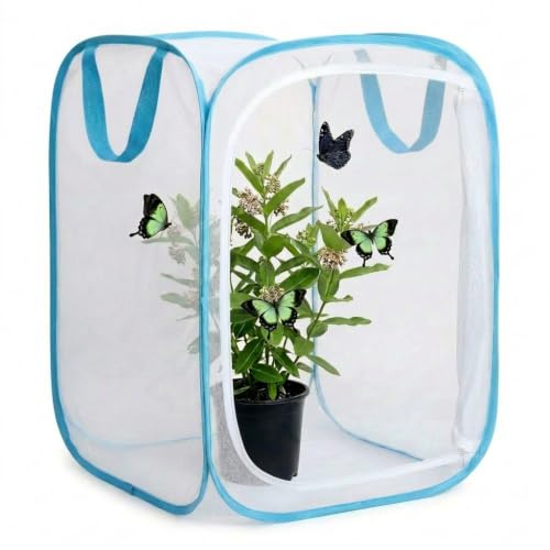 Insect & Butterfly Habitat Cage, Portable Pop-Up Terrarium with Mesh Sides, Bug Catching & Observation Enclosure for Caterpillars, Small Insects, Outdoor & Classroom Use, 16 Inches Tall - color: White/Blue, size: 16 × 16 × 16 inches