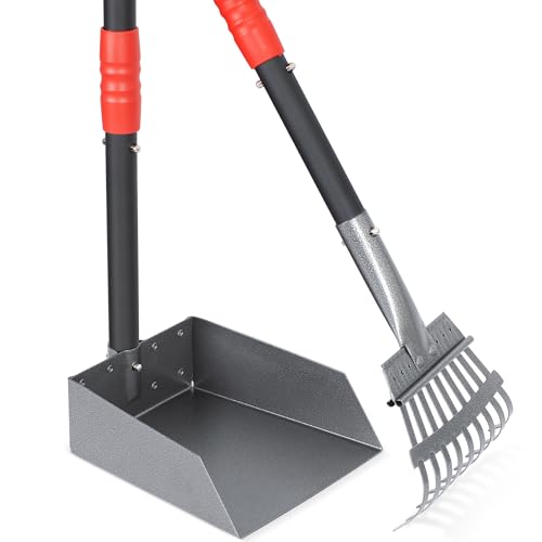 Dog Pooper Scooper, Dog Poop Tray and Rake Set with Long Stainless Handles | Pet Waste Removal Scoop with Adjustable Sectional Handles - color: Black/Red