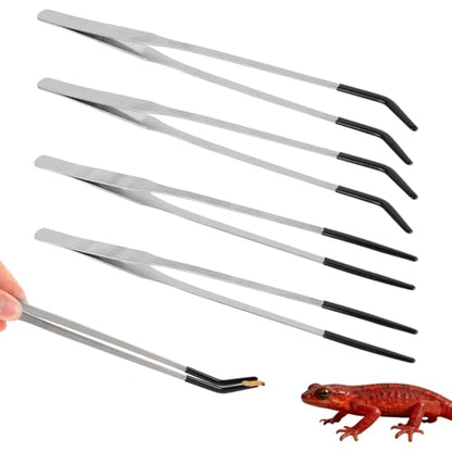 4pcs Reptile Feeding Tongs, Stainless Steel Straight Curved Aquarium Feeder Tweezers Tools with Rubber Tips for Bearded Dragons Snake Lizards Gecko