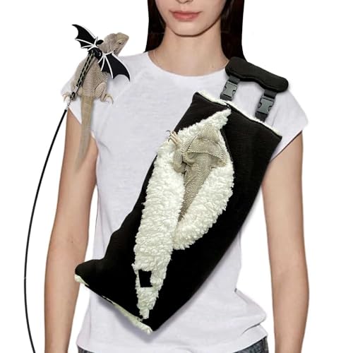 Adjustable Fluffy Bearded Dragon Sling Carrier Bag, Reptile Carrier with Leash Harness Lizard Cage Accessories for Small Animal, Ferrets, Squirrel, Hamsters,Parrot (Black) - color: Black