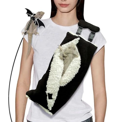 Adjustable Fluffy Bearded Dragon Sling Carrier Bag, Reptile Carrier with Leash Harness Lizard Cage Accessories for Small Animal, Ferrets, Squirrel, Hamsters,Parrot (Black) - color: Black