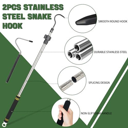 2pcs Snake Hook Set, Telescopic Snake Catcher Stainless Steel Snake Handling Tool for Moving Ball Rattlesnakes Python Copperhead with Long Handle (35-64inch&26inch) - size: 35-64inch&26inch