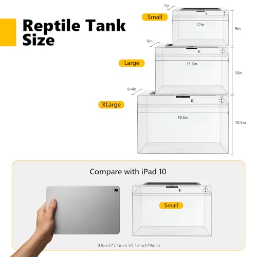 HELIME Reptile Tank 7 Piece Starter Kit with Escape Proof Locking Lid Large | All in One lizard Terrarium,Polycarbonate Leopard Gecko Enclosure Frogs Cage with Light,Hygrometer,Hide,Tweezer,Bowl,Sprayer - size: Large(15.6x8x10IN)