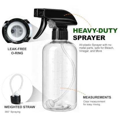 Spray Bottles 16 Oz 2-pack, 360° Any-Angle Spraying, Mist & Stream, Funnel | Professional Heavy-Duty Sprayer Bottles with Measurements & Weighted Straw, Leak-proof for Cleaning Solutions, Planting, Hair - style: 16oz, 2 pack