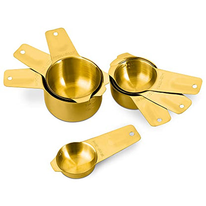 7-Piece 18/8 Stainless Steel Measuring Cups Set, Gold | Includes 1/16, 1/4, 1/3, 1/2, 2/3, 3/4 and 1 Cup, Engraved US and Metric Markings, Pour Spouts and Ring Connector - color: Gold, size: 7 Piece