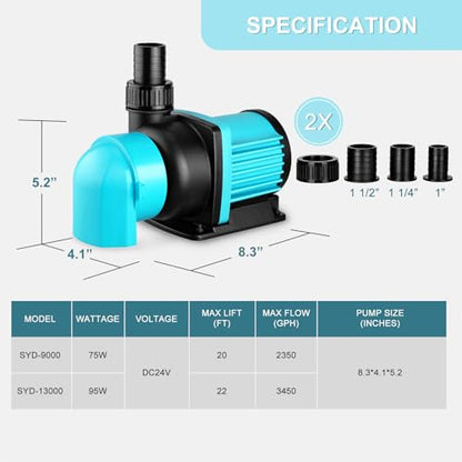 3450GPH Aquarium Return pump with LCD display controller, DC 24V 95W aquarium pump for saltwater freshwater aquarium,fish tank,sump,20 speeds ECO Quiet Submersible and inline pump - style: 3450GPH 95W