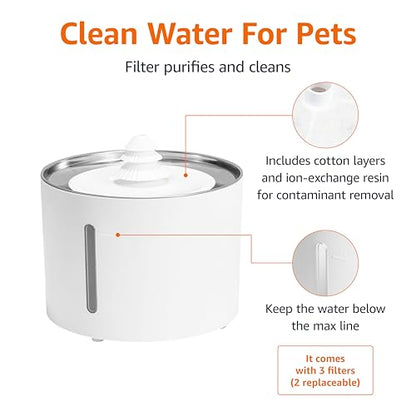 Amazon Basics Large Capacity Pet Water Fountain with Stainless Steel Top, Ultra Quiet, Easy to Clean, BPA Free, 3L, White, 3 Filters Included - size: 0.8 gal, style: Water Fountain