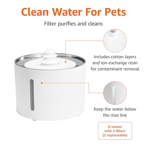Amazon Basics Large Capacity Pet Water Fountain with Stainless Steel Top, Ultra Quiet, Easy to Clean, BPA Free, 3L, White, 3 Filters Included (Pack of 8) - size: 0.8 gal (Pack of 8), style: Water Fountain