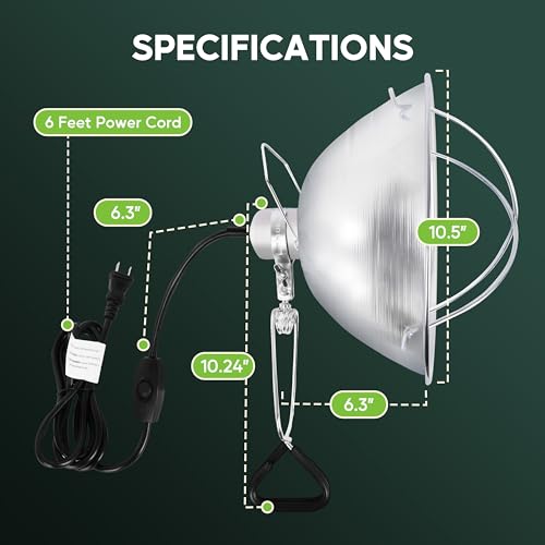 HealSmart 10.5" Clamp Light Socket and Bulb Guard, 250-Watt Maximum with 6 Feet 18/2 SPT-2 Cord, Aluminum Reflector E26 (no Bulb Included), for Reptiles and Plants Growing, (Pack of 1) - size: 10.5 Inch (250 Watts), style: 1-Pack