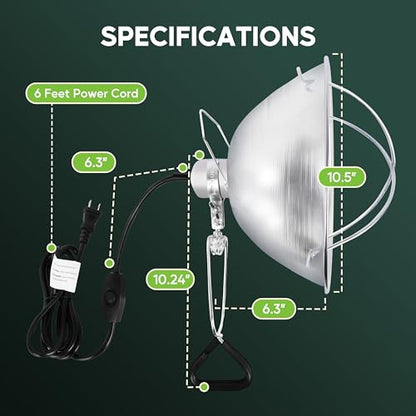 HealSmart 10.5" Clamp Light Socket and Bulb Guard, 250-Watt Maximum with 6 Feet 18/2 SPT-2 Cord, Aluminum Reflector E26 (no Bulb Included), for Reptiles and Plants Growing, 2-Pack - size: 10.5 Inch (250 Watts), style: 2-Pack