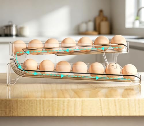 Gagee Clear Egg Holder for Fridge, 2 Layer | Auto Rolling, Space Saving Container, Dispenser Egg Roller, Refrigerator Storage Organizer