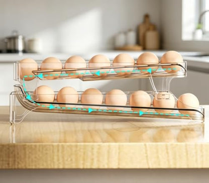 Gagee Clear Egg Holder for Fridge, 2 Layer | Auto Rolling, Space Saving Container, Dispenser Egg Roller, Refrigerator Storage Organizer
