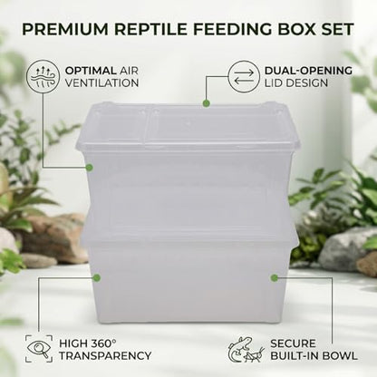 Zerodis 2Pcs Portable Reptile Feeding Box, Transparent Plastic Transport Container Reptile Breeding Enclosure with Feeding Bowl for Bearded Dragon Lizard Snake Spider Gecko (L)