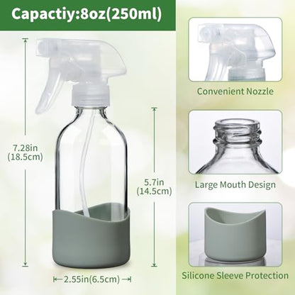 8oz Clear Glass Spray Bottles with Silicone Sleeve for Cleaning Solutions | Refillable for Cleaning Solutions,Hair,Plants&Essential Oils–Leakproof,Adjustable Nozzle,Reusable,Eco-Friendly (1 Pack)