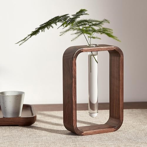 Modern Wooden Frame Glass Vase Hydroponic Planter – Minimalist Square Propagation Station with Test Tube Vase – Indoor Plant Terrarium for Flower, Cuttings & Home Office Decor