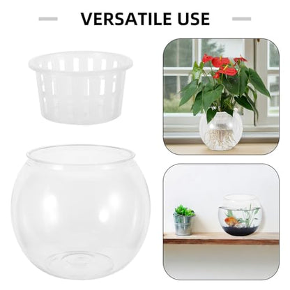 Homoyoyo Desktop Fish Aquarium Bowl with Water Plant Basket, Plastic Round Betta Terrarium Tank for Office and Home Small Aquatic Ecosystem