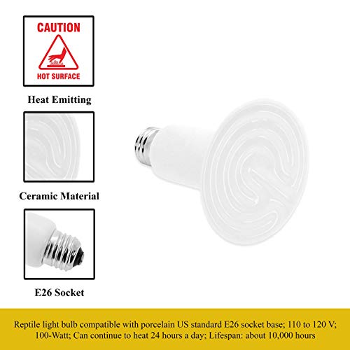 Mandala Crafts 2 White 100W No Light Ceramic Heat Emitter Che Lamp Bulbs | E26 Socket, Safe Around Water, No Noise, Infrared, for Reptile, Bearded Dragon, Turtle, Lizard, Snake, Chicken Coop, Brooder - color: White