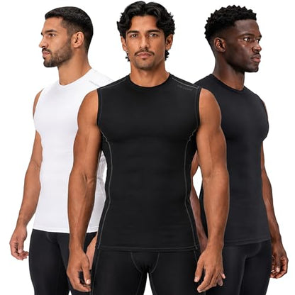 DEVOPS 3 Pack Men's Compression Shirts Sleeveless Tank Top Baselayer | Gym Training, Running, Moisture Wicking, Compression Fit, 4-Way Stretch, UPF 50+, Sleeveless - color: 1# (3 Pack) Black / Black(gray) / White, size: Small