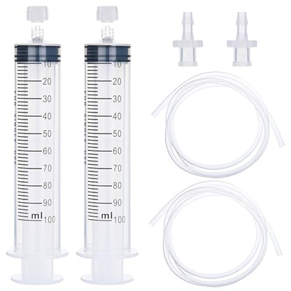 2 Pack 100ml Luer Lock Syringe with 39" Tube and Luer Connectors | 100cc Large Plastic Syringes for Liquid, Oil, Feeding, Watering - size: 100ml