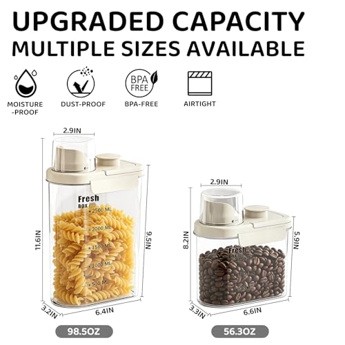 Air Tight Cereal Container Organizer-Two Pack 98oz Food Storage Container with Outlet Measuring Cup Lid, Ideal for Dry Food, Rice, Sugar, Pet Food dispenser - BPA free. (White). - color: White-2.8L*2