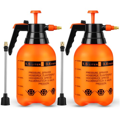 2 Set Handheld Pump Sprayer 1.5l Garden Pump Sprayers 50 oz 0.4 Gallon Adjustable Water Spray Bottles with Steel Nozzle Extended Rod for Plant Mist Watering Spraying Fertilizing Cleaning - color: Orange, size: 1.5l
