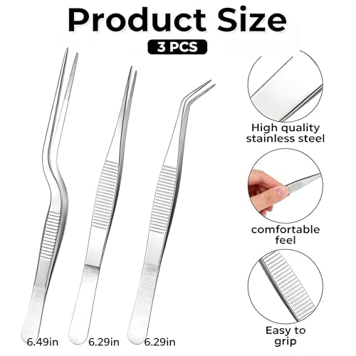 3pcs Stainless Steel Tweezers Set, Precision Straight & Curved Tips for Gardening, Plants, Reptile Feeding, Kitchen & Crafts (Silver)