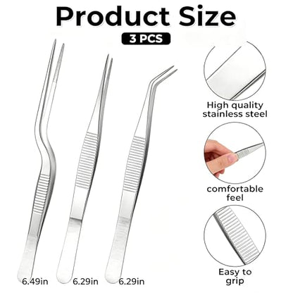 3pcs Stainless Steel Tweezers Set, Precision Straight & Curved Tips for Gardening, Plants, Reptile Feeding, Kitchen & Crafts (Silver)