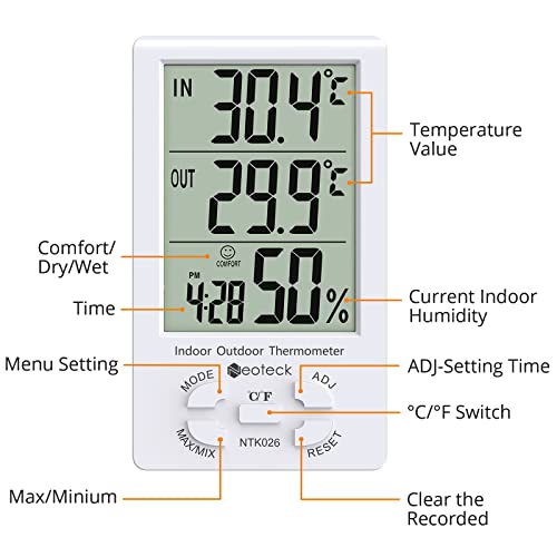 Neoteck 2in1 Thermometer Hygrometer with Clock LCD Display 1.5m Sensor Wire | ± 1°/5% High Accuracy Digital Humidity Temperature Meter with Clock for Indoor Outdoor Air Quality Condition Monitoring