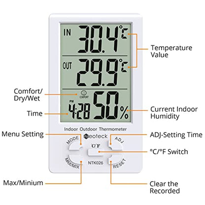 Neoteck 2in1 Thermometer Hygrometer with Clock LCD Display 1.5m Sensor Wire | ± 1°/5% High Accuracy Digital Humidity Temperature Meter with Clock for Indoor Outdoor Air Quality Condition Monitoring