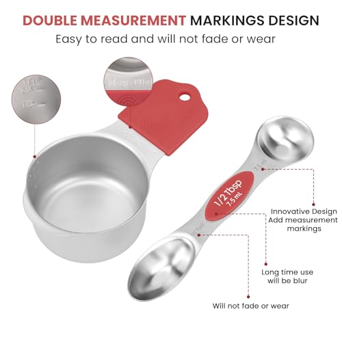 HOUJIP Magnetic Measuring Cups and Spoons Set-304 Stainless Steel,Red | Double Measurement Markings,BPA-Free,Set of 16 with Leveler for Measuring Dry and Liquid Ingredients - color: Red
