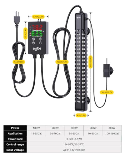 SEAOURA 500W Aquarium Heater for 70-80 Gallon Fish Turtle Tank Thermostat | Adjustable Max & Min Temp Protection, 14 IN Intelligent Submersible Heater Auto Shut-Off Digital Display Salt/Freshwater - size: 70-80 Gallon Tank