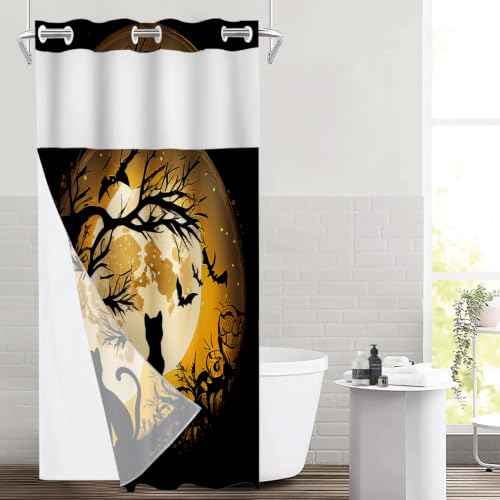 Happy Halloween Funny No Hooks Shower Curtain with Snap in Liner Set, Black Cat Moon Bat Tree Tub Curtainn Mesh Top Window & Magnetic Hem Waterproof 35.5X74 Inch - color: Black Happy Halloween Funny64, size: 35.4"W x 74"L (Pack of 1)