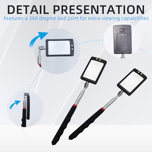2Pcs Telescoping Lighted Inspection Mirror, Extendable Inspection Mirror | 360° Rotation, Retractable Handle, Bright LED Lights, for Inspection Viewing Mechanic Checking